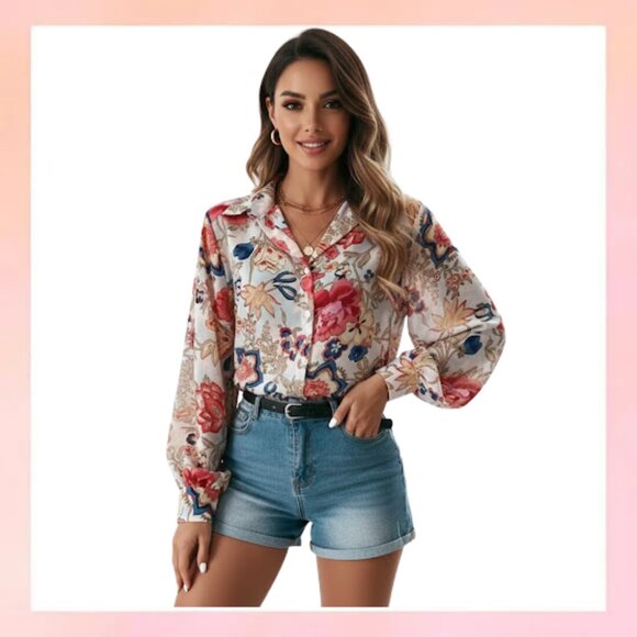 Tops - Women Blouse Lightweight Long Sleeve Flower Shirt Top- Small